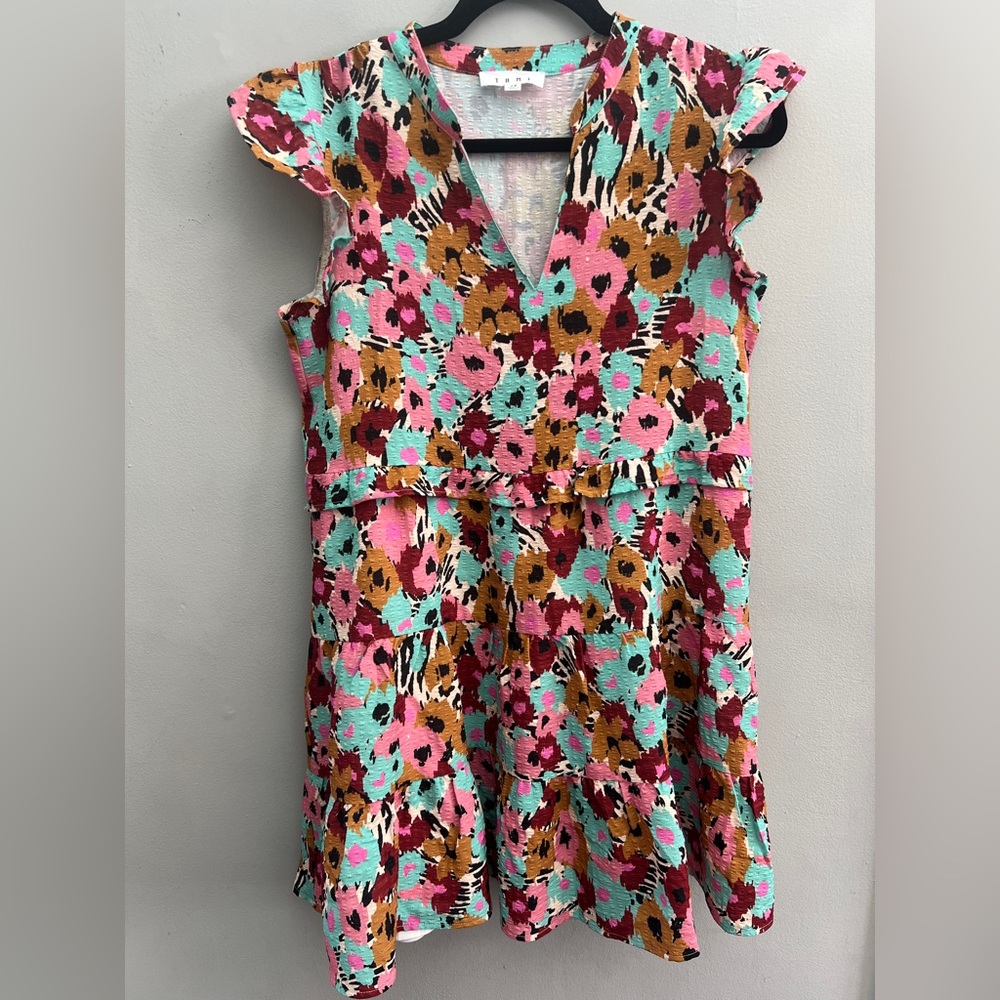 THML Pink Turquoise Brown Floral Mini Dress